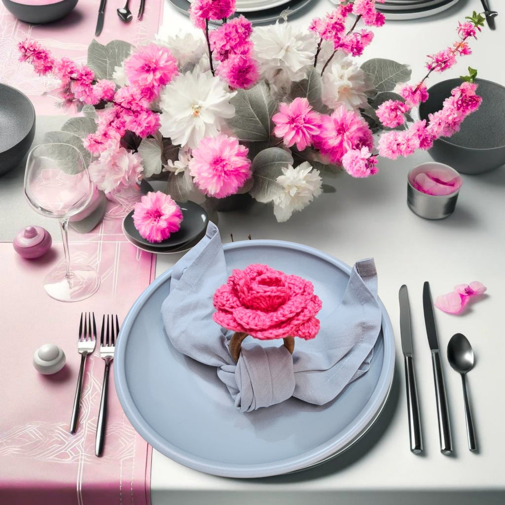 Charlo's Set of 6 Pink Crochet Rosebud Flower Napkin Rings for Dinner Table Decor, Handmade, Table setting