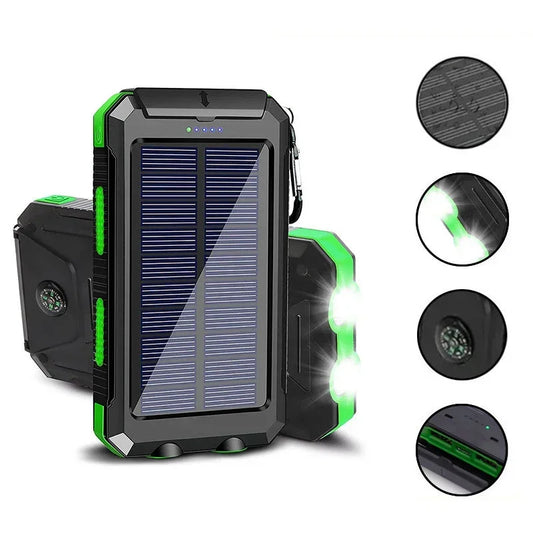 20,000mAh rugged solar power bank in green with compass, dual USB ports and twin LED flashlight